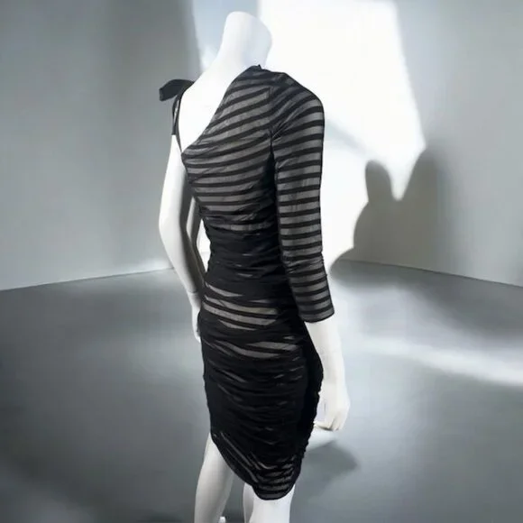 BCBGMaxAzria One Shoulder Striped Mesh Overlay Pencil Dress Black, size Medium - Picture 12 of 16